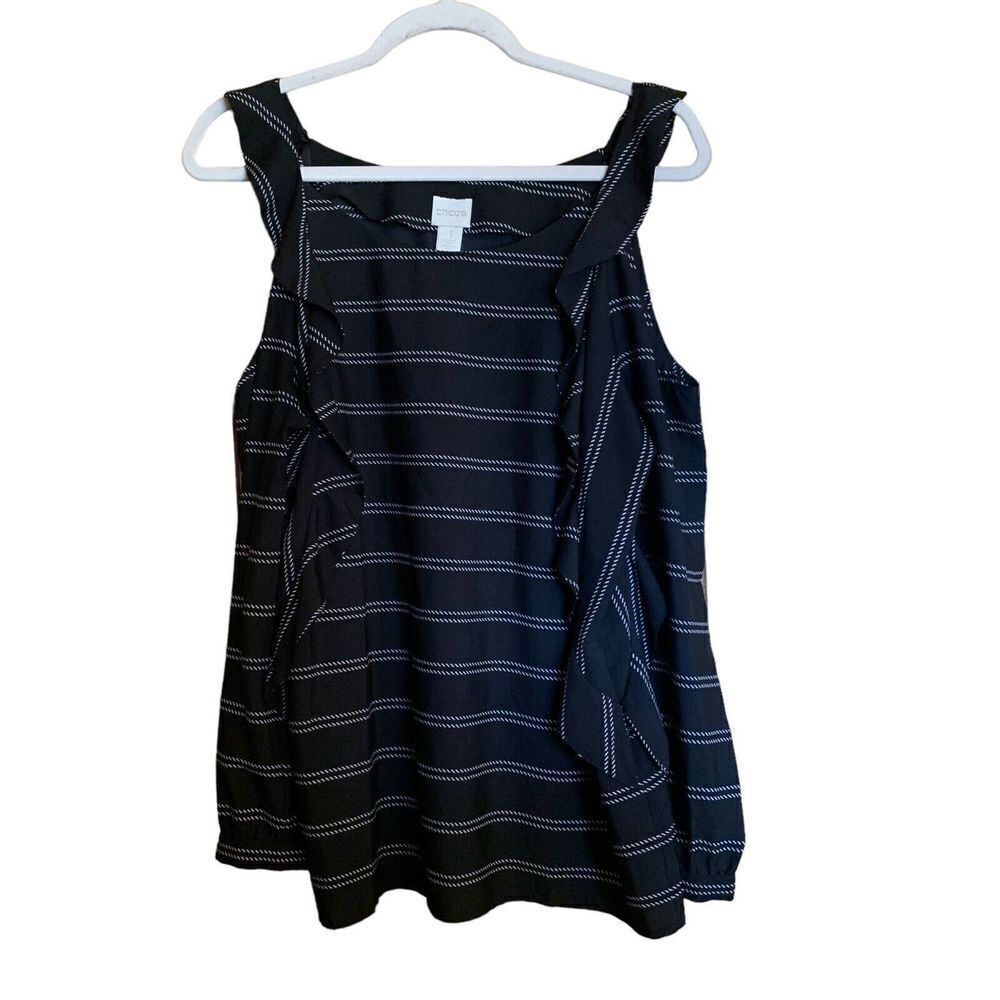 Chico's Womens Size Medium Black White Stripe Cold Shoulder Ruffle Blouse Top